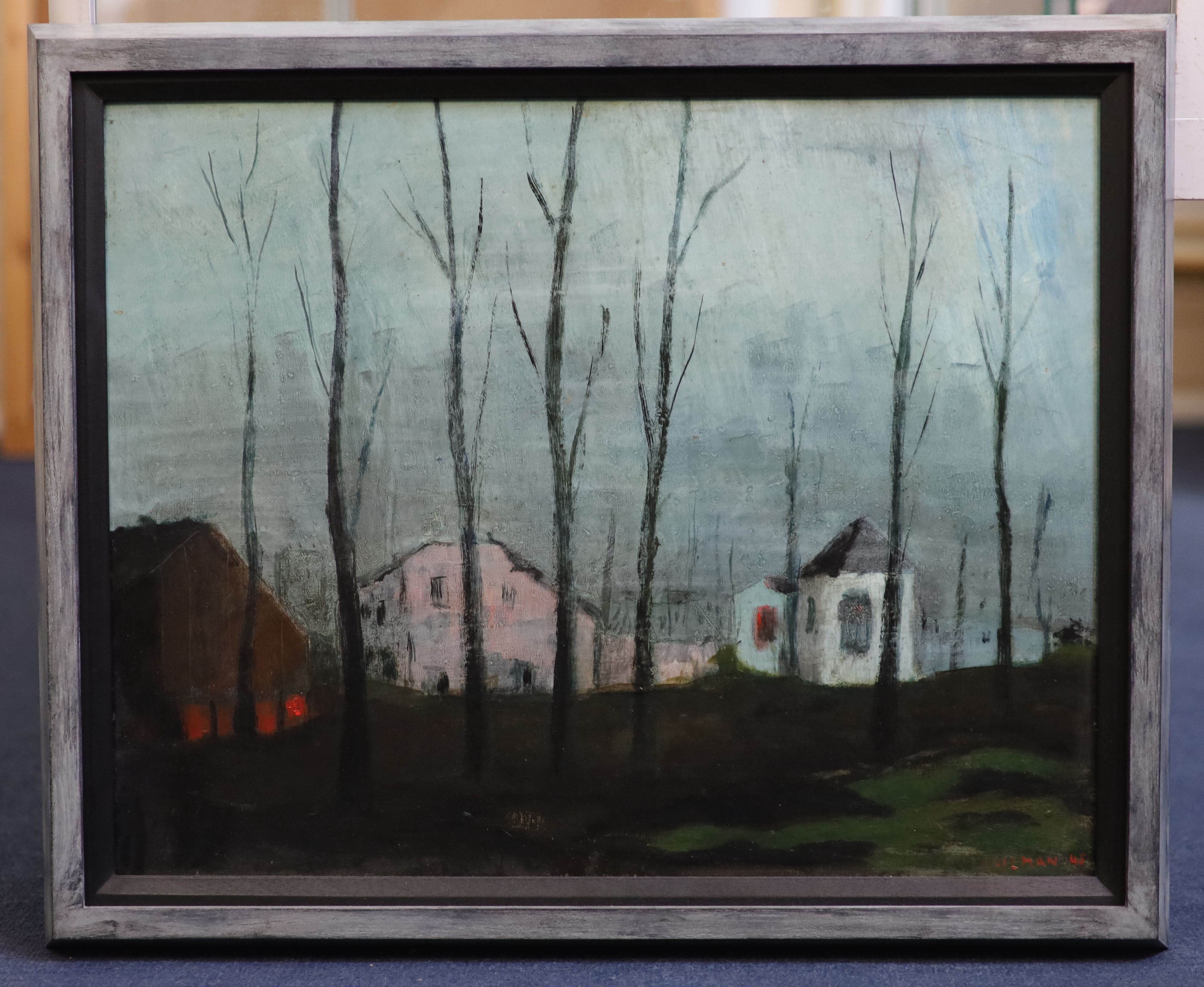 Fred Uhlman (1901-1985), Trees and houses at dusk, oil on board, 38 x 48cm
